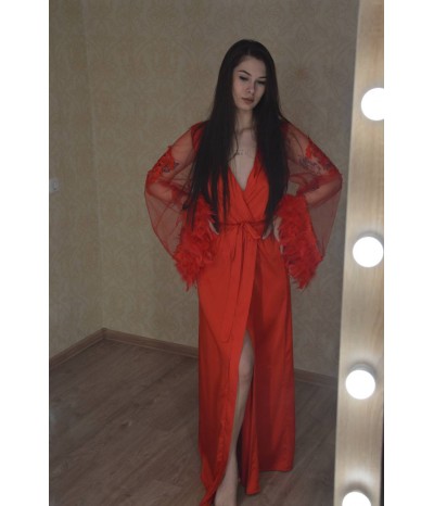 Халат с перьями Emilia (красный) , артикул 13343-1