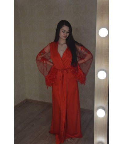 Халат с перьями Emilia (красный) , артикул 13343-1